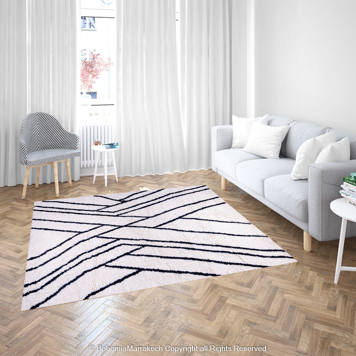 Black and white Beni Ourain Moroccan wool rug in modern living room setting.