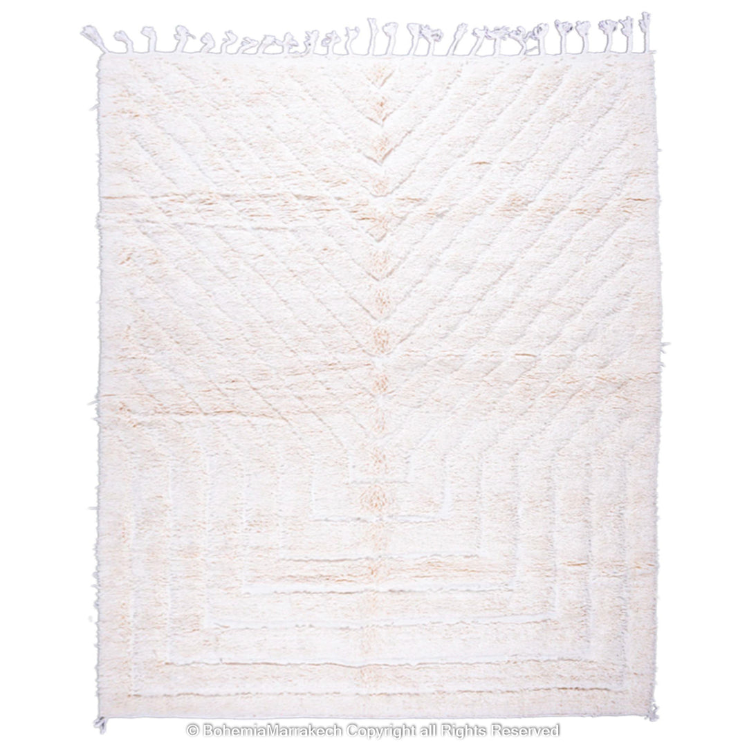 White Moroccan rug with subtle V-shaped texture, handmade from natural wool, ideal for minimalist and Scandinavian interiors.
