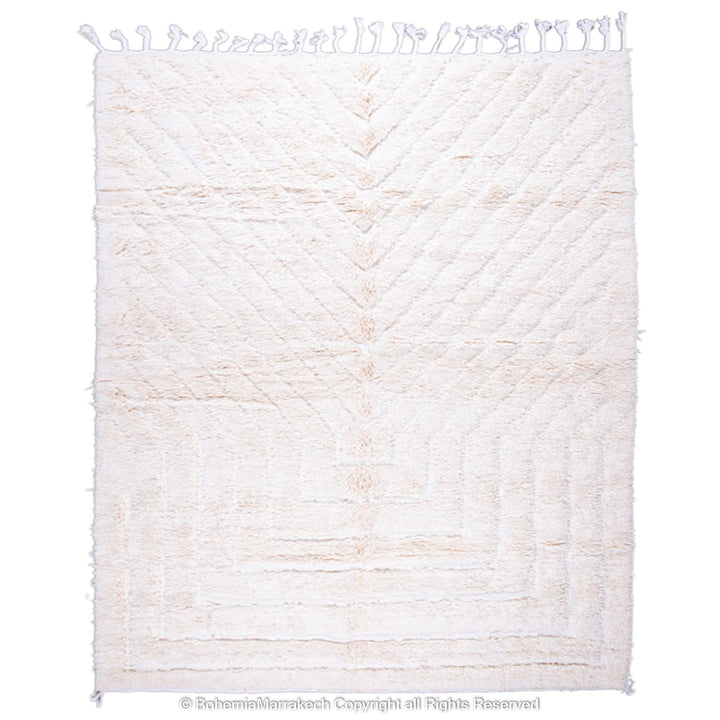 White Moroccan rug with subtle V-shaped texture, handmade from natural wool, ideal for minimalist and Scandinavian interiors.