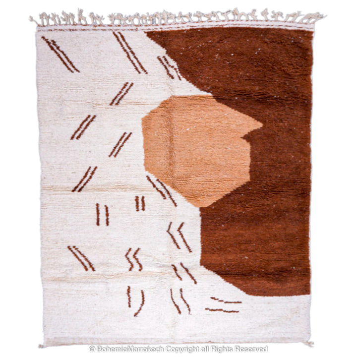 Handwoven Modern Moroccan Rug in abstract brown and beige design, showcasing bold shapes and symbolic lines, made from natural wool.