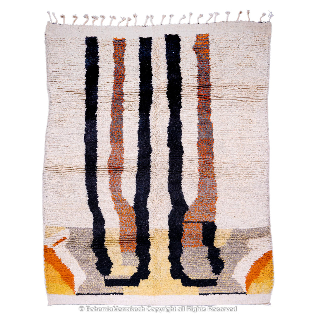 Striped Abstract Moroccan Rug, black and orange on cream base, handmade wool Berber carpet from Morocco.