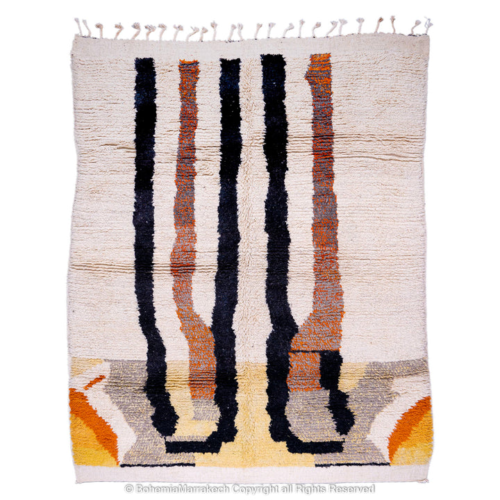 Striped Abstract Moroccan Rug, black and orange on cream base, handmade wool Berber carpet from Morocco.