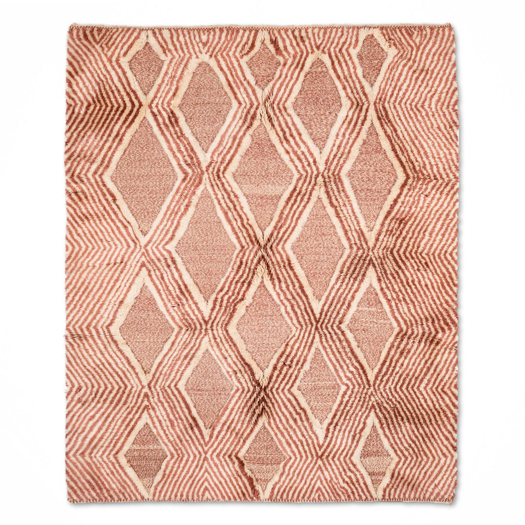 Handmade Moroccan Beni Mrirt wool rug with diamond pattern in rose and clay tones, featuring traditional geometric design.
