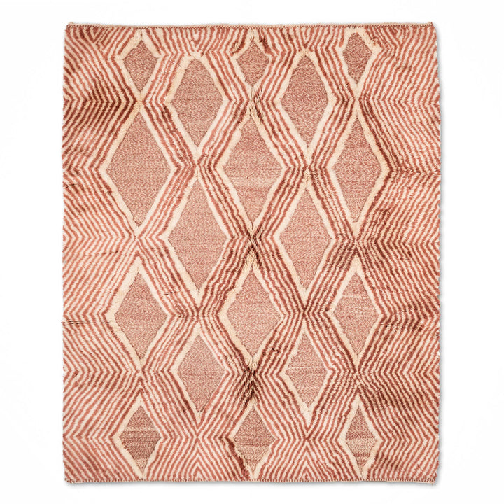 Handmade Moroccan Beni Mrirt wool rug with diamond pattern in rose and clay tones, featuring traditional geometric design.