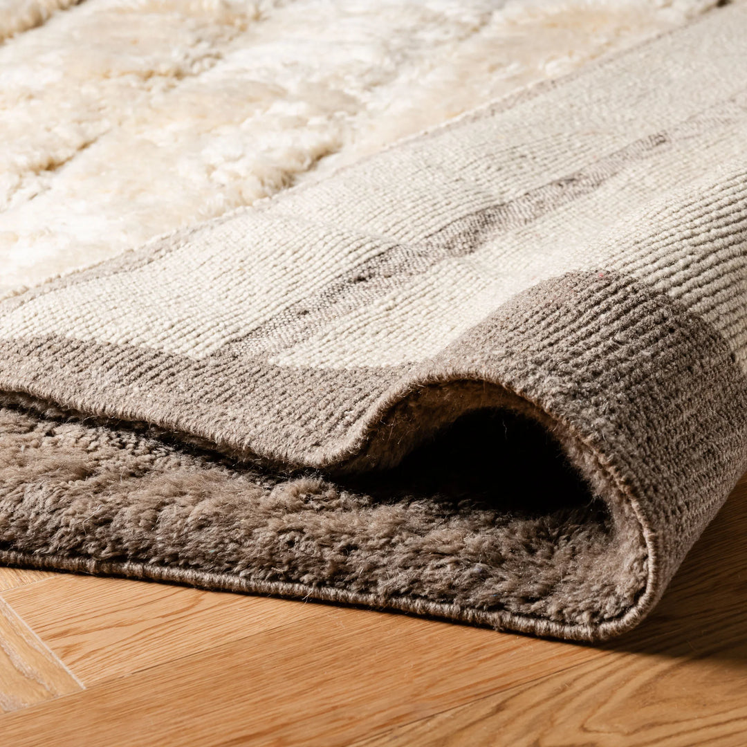 Custom Beni Mrirt rug with hourglass design, showcasing Moroccan Berber style and plush shaved wool texture.