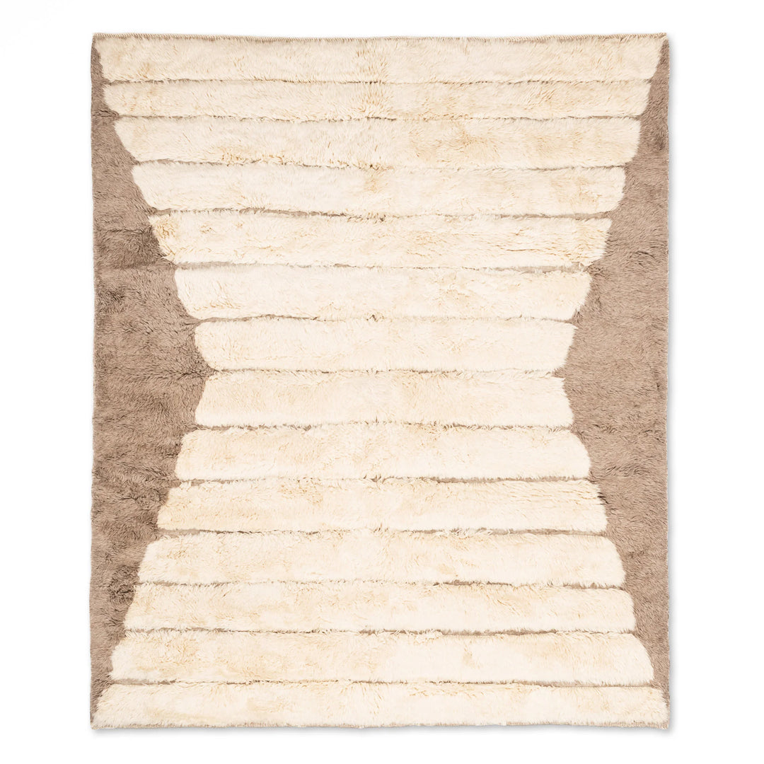 Custom Beni Mrirt rug with hourglass design, Moroccan shag wool carpet, cream center with framed edges, handmade Moroccan rug.