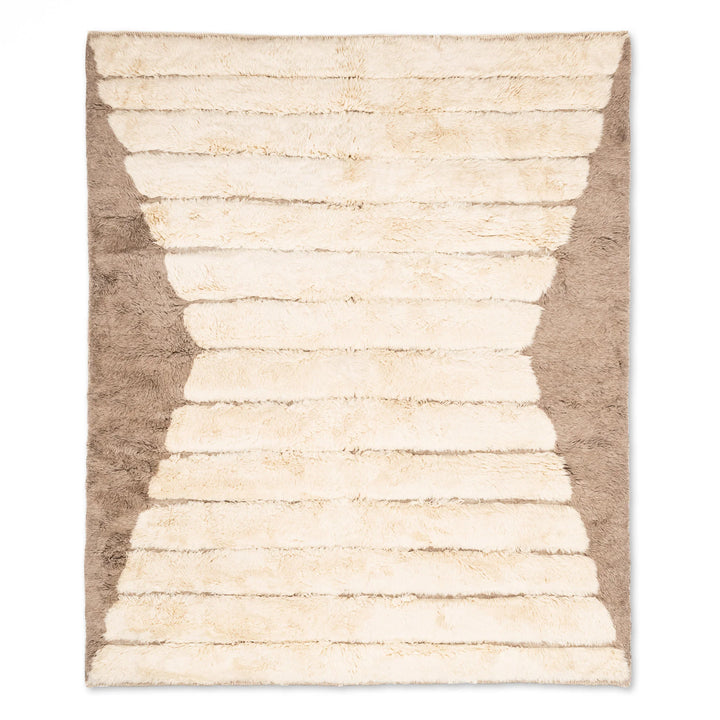Custom Beni Mrirt rug with hourglass design, Moroccan shag wool carpet, cream center with framed edges, handmade Moroccan rug.