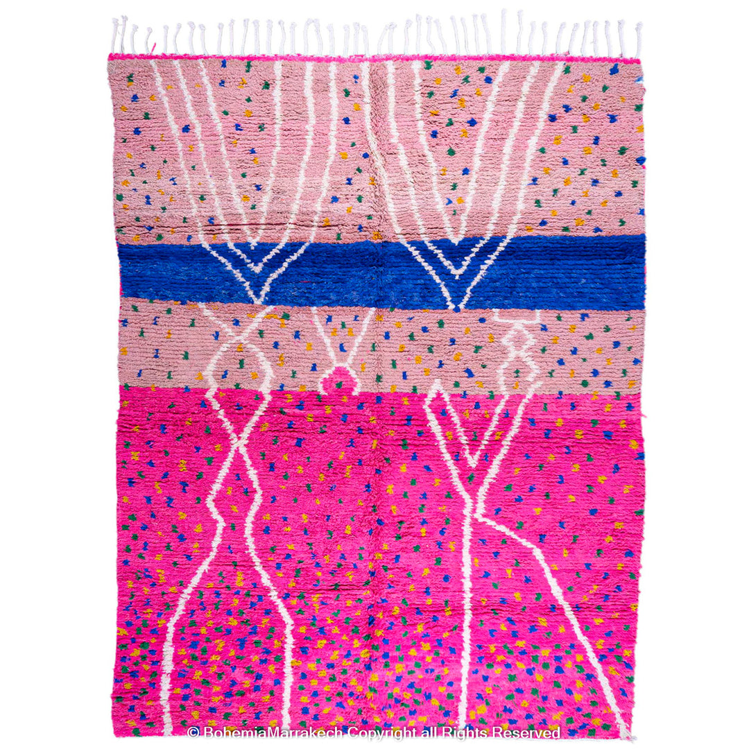 Pink and blue Moroccan rug with multicolor specks and geometric white lines