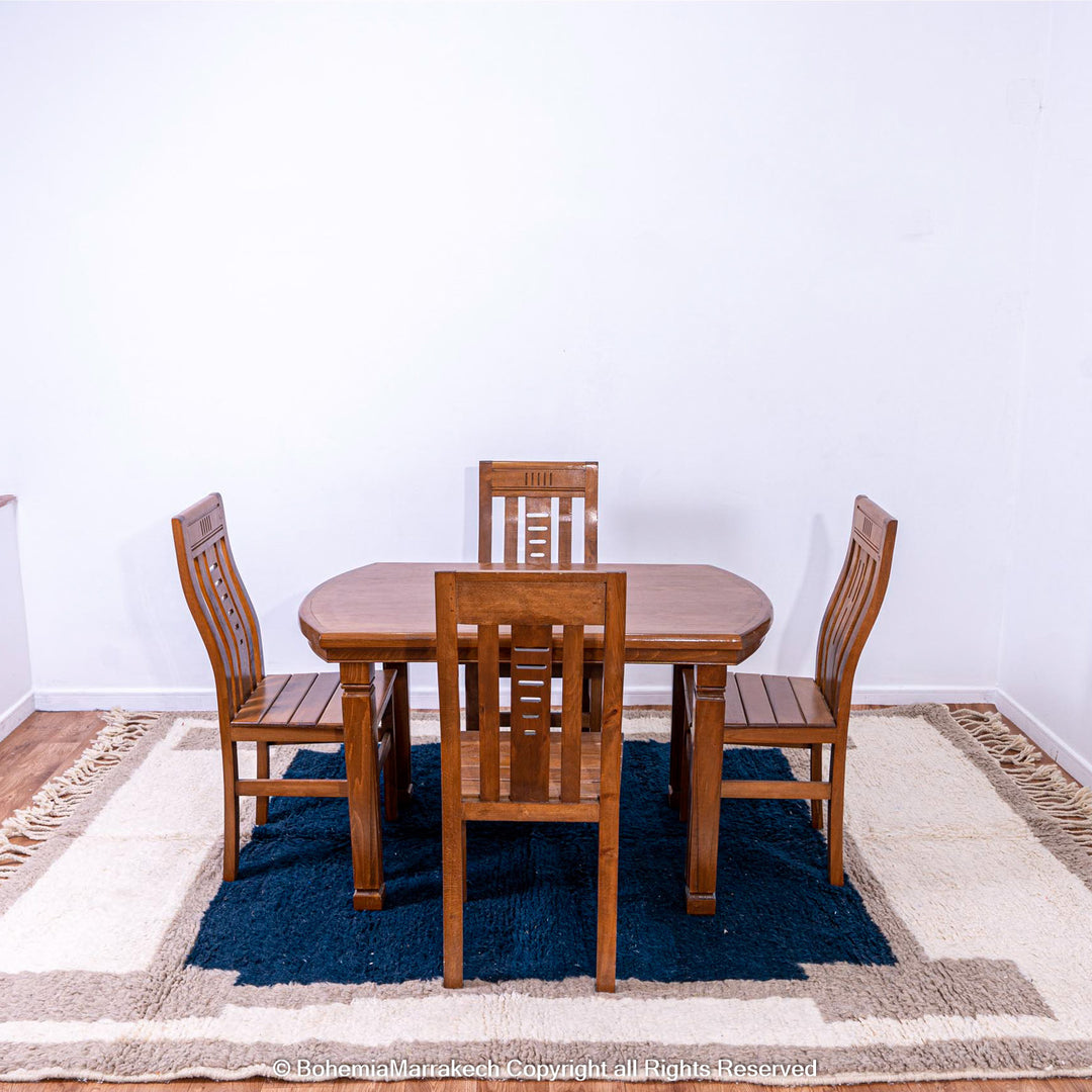 Bold navy blue Moroccan rug with beige and cream geometric border – Beni Ourain wool