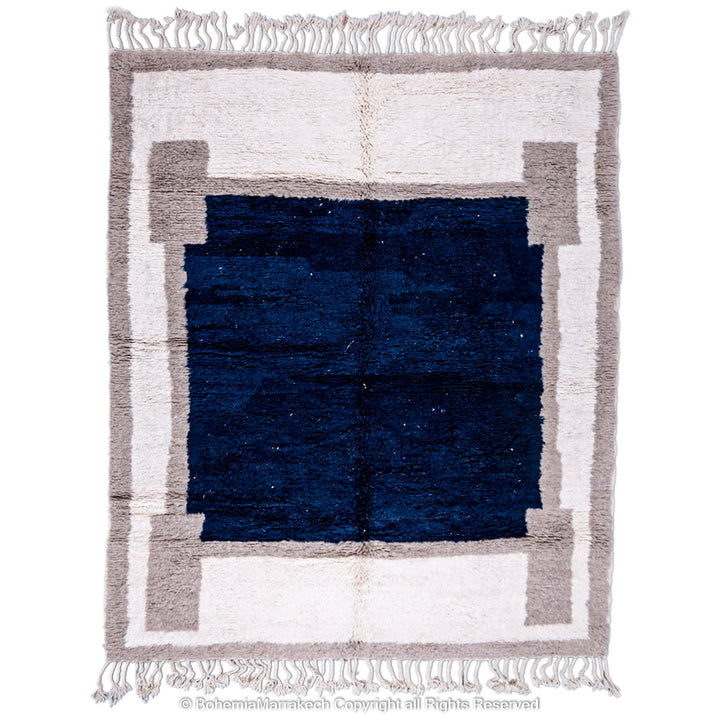 Bold navy blue Moroccan rug with beige and cream geometric border – Beni Ourain wool