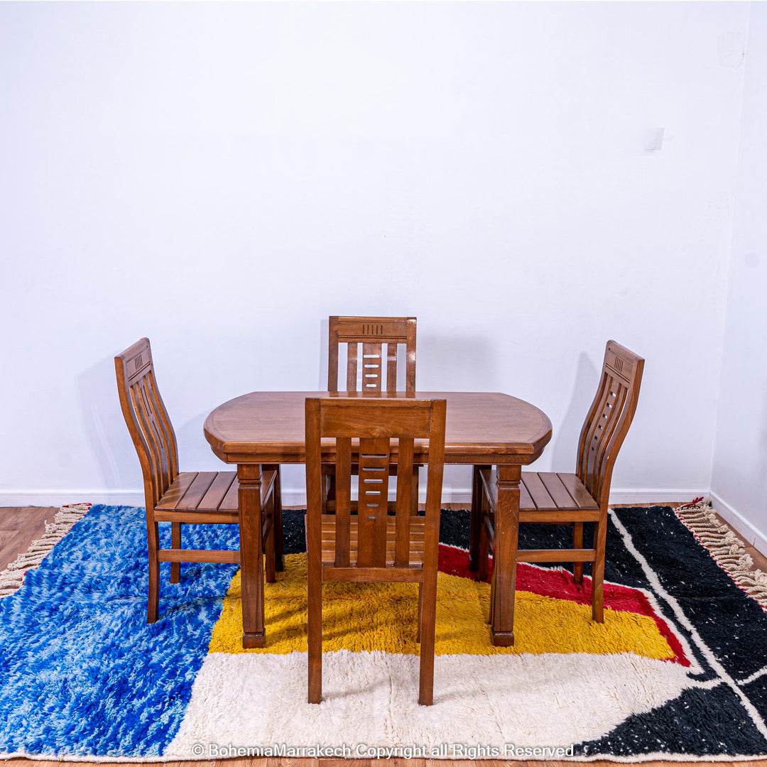 Modern Moroccan wool rug with abstract shapes in yellow, red, blue, and black – Beni Ourain handmade carpet