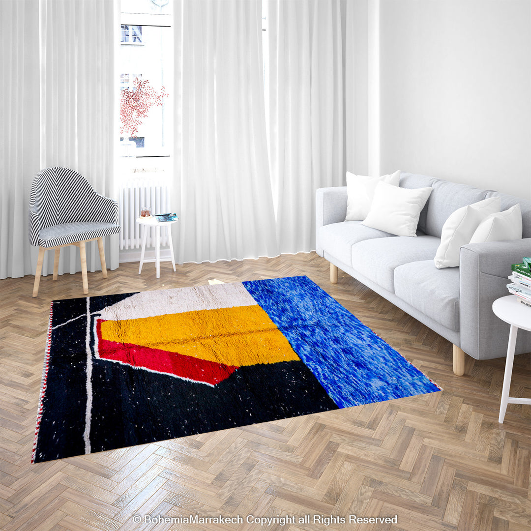 Modern Moroccan wool rug with abstract shapes in yellow, red, blue, and black – Beni Ourain handmade carpet