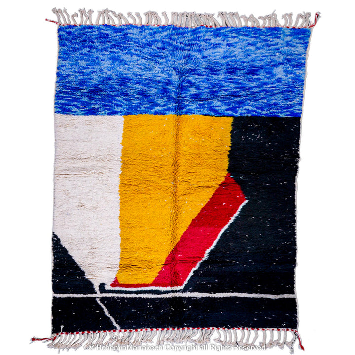 Modern Moroccan wool rug with abstract shapes in yellow, red, blue, and black – Beni Ourain handmade carpet