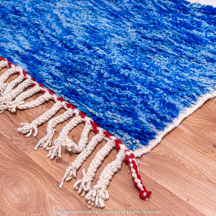 Modern Moroccan wool rug with abstract shapes in yellow, red, blue, and black – Beni Ourain handmade carpet