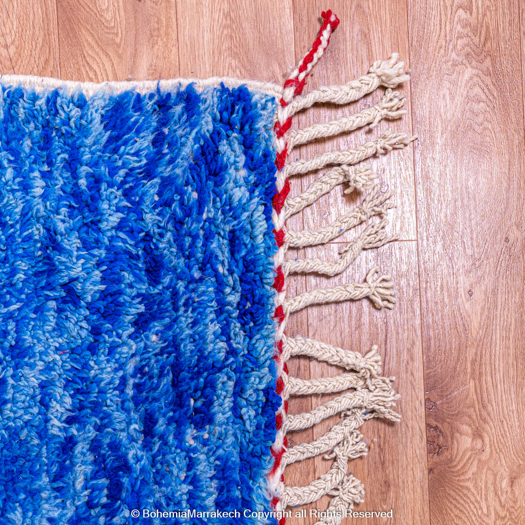 Modern Moroccan wool rug with abstract shapes in yellow, red, blue, and black – Beni Ourain handmade carpet