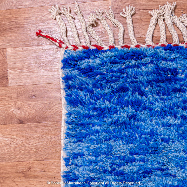 Modern Moroccan wool rug with abstract shapes in yellow, red, blue, and black – Beni Ourain handmade carpet
