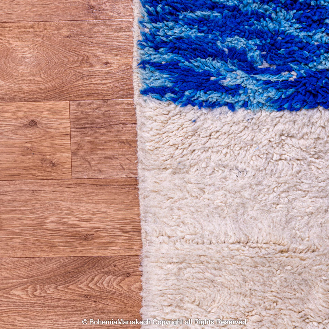 Modern Moroccan wool rug with abstract shapes in yellow, red, blue, and black – Beni Ourain handmade carpet