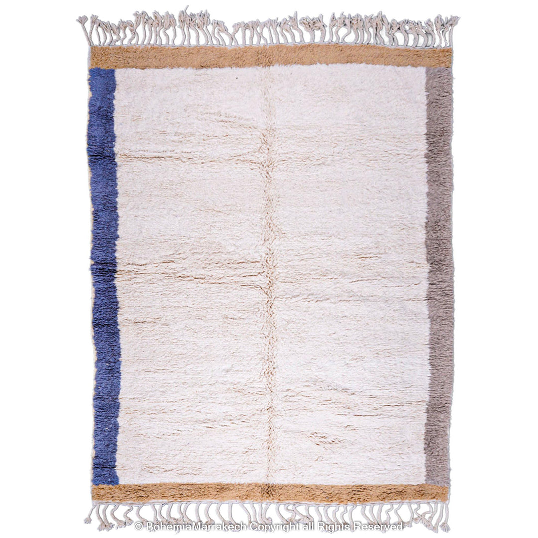 Cream Beni Ourain Moroccan rug with blue and beige borders – handmade wool