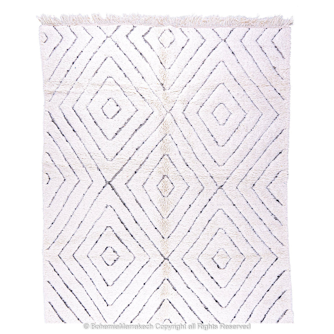 White Moroccan wool shag rug with black diamond lines