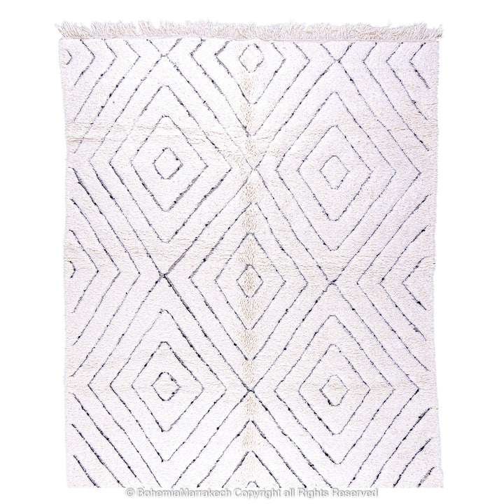White Moroccan wool shag rug with black diamond lines