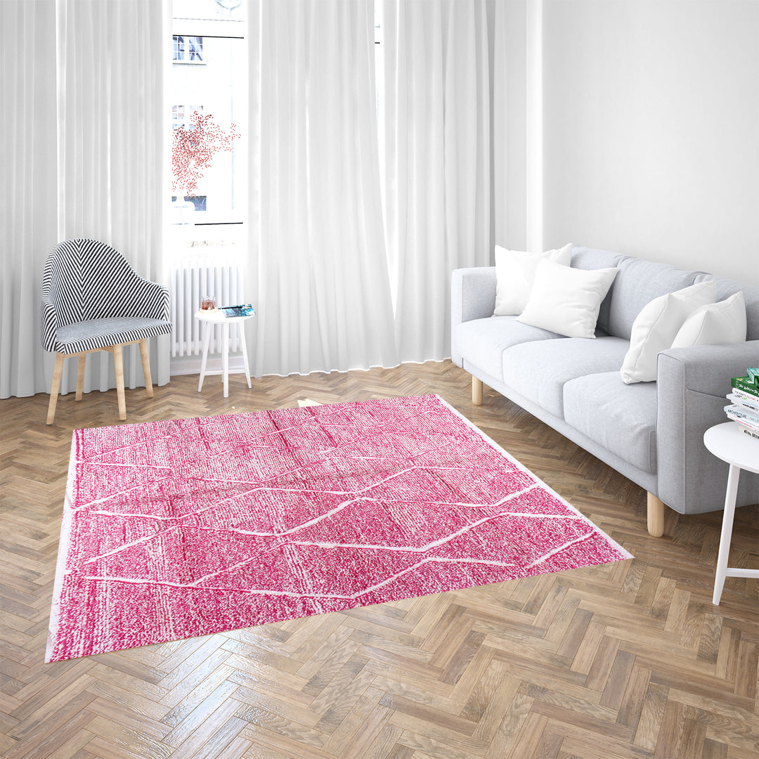 Handwoven pink Moroccan wool rug with Beni Ourain diamond pattern
