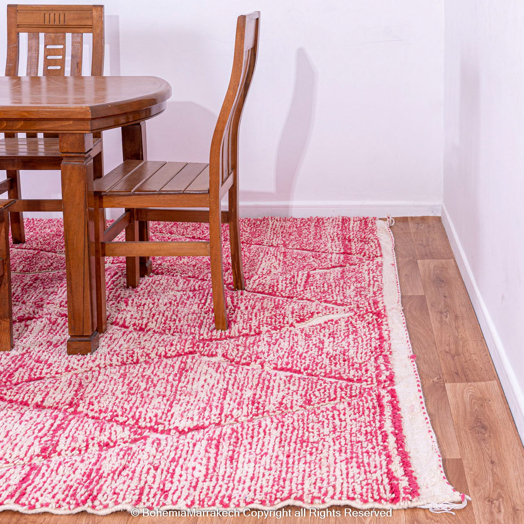 Handwoven pink Moroccan wool rug with Beni Ourain diamond pattern