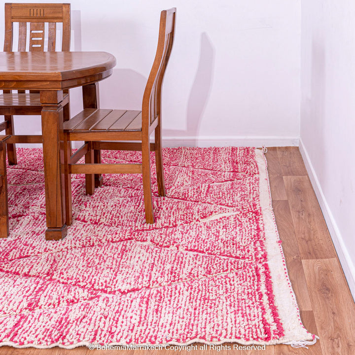 Handwoven pink Moroccan wool rug with Beni Ourain diamond pattern