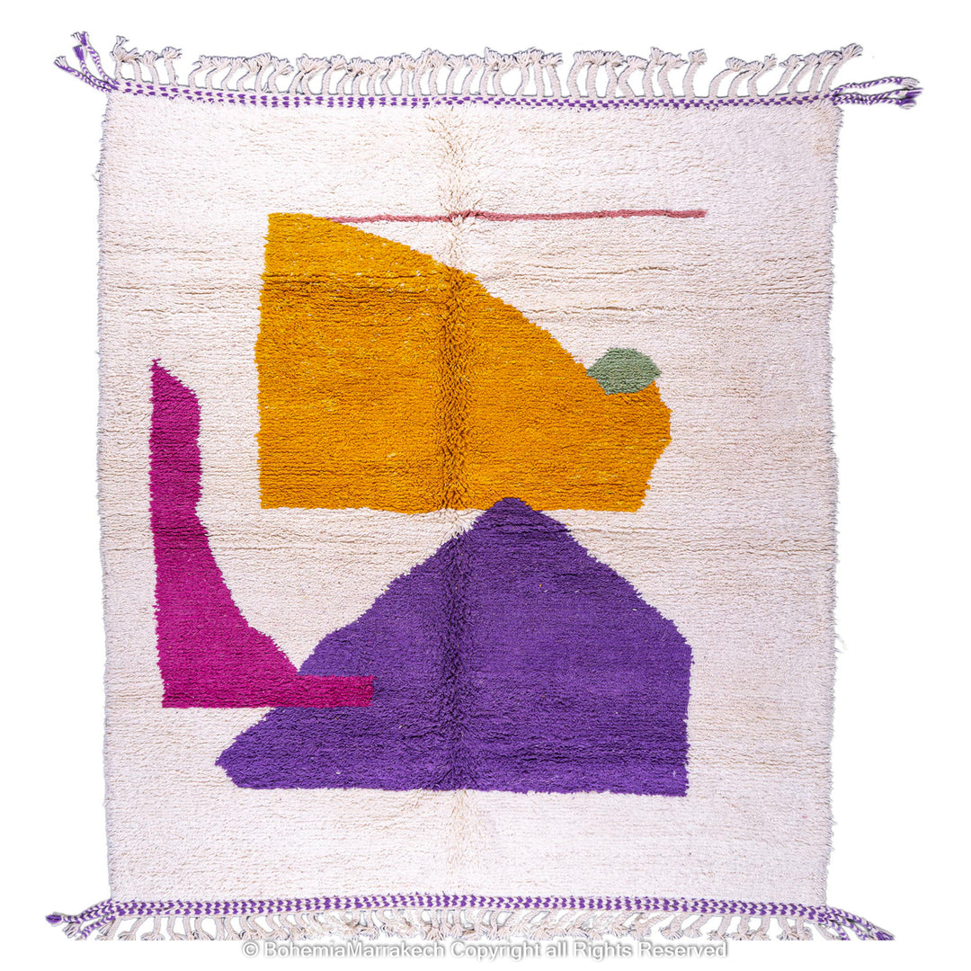 Abstract Moroccan wool rug with orange and purple geometric shapes on cream background