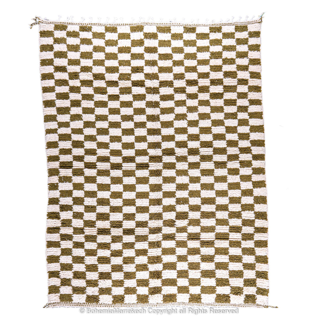 Handwoven green and white checkered Moroccan wool rug