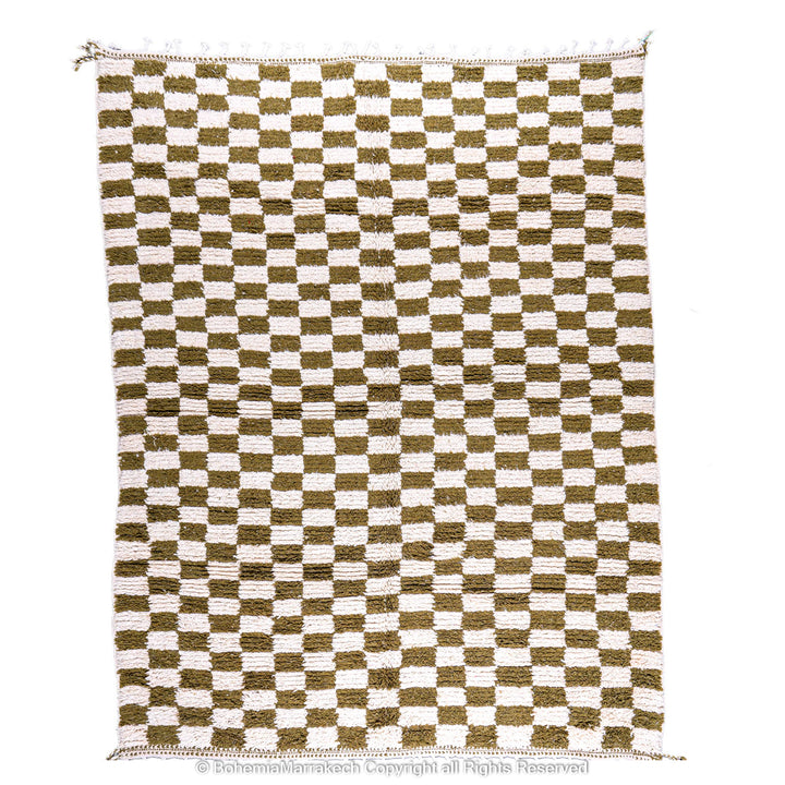 Handwoven green and white checkered Moroccan wool rug