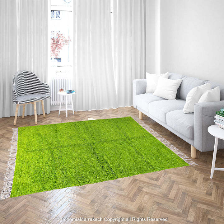 Solid green handmade Moroccan wool rug with white fringe, custom Beni Ourain carpet