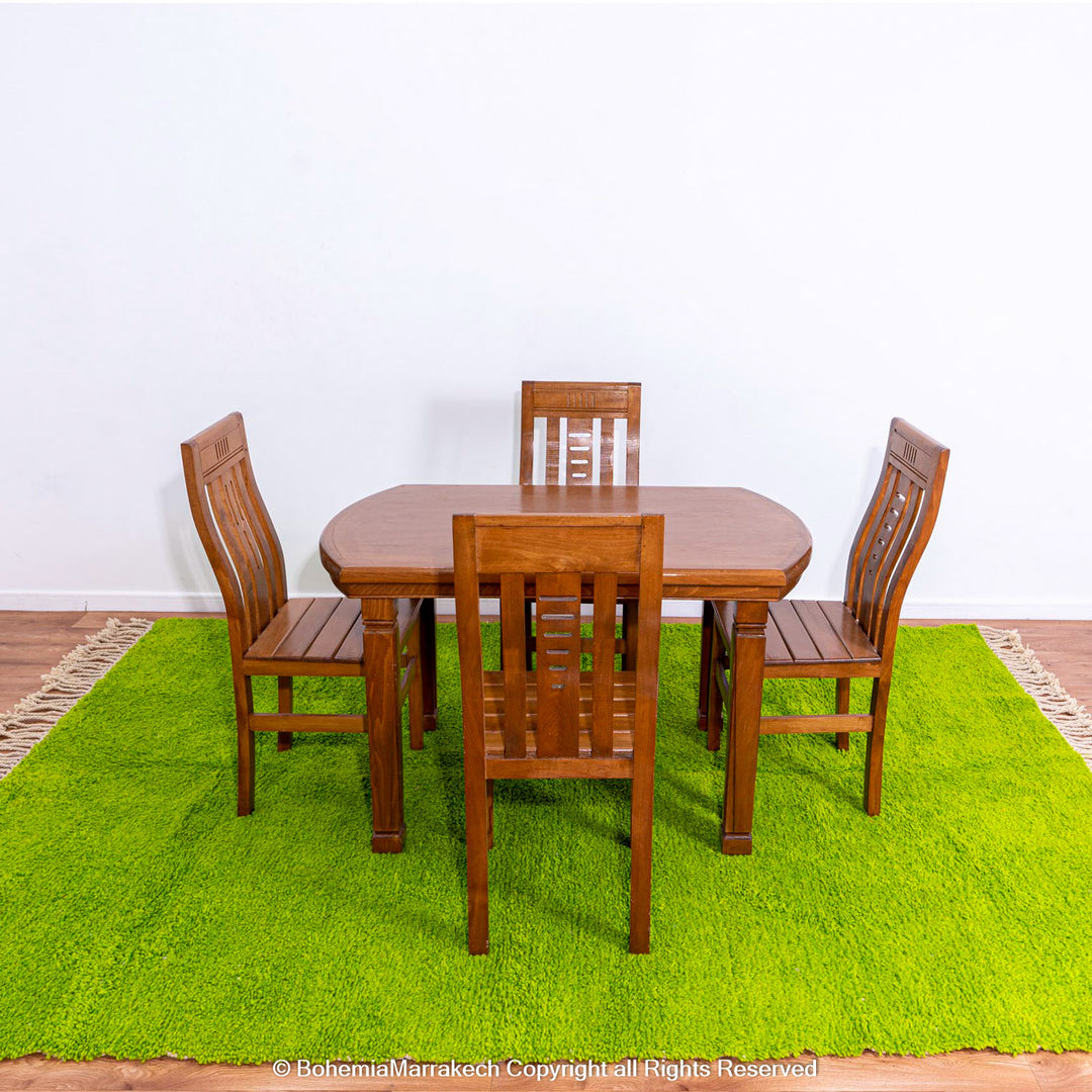 Solid green handmade Moroccan wool rug with white fringe, custom Beni Ourain carpet