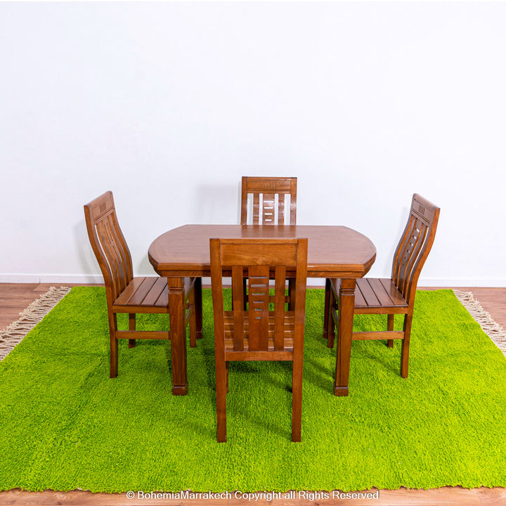 Solid green handmade Moroccan wool rug with white fringe, custom Beni Ourain carpet