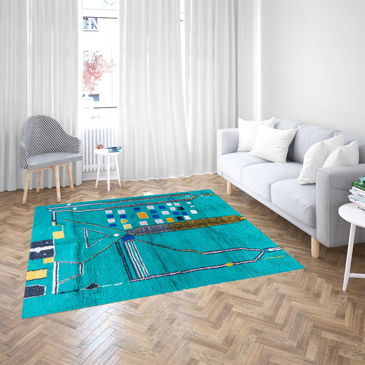 Handmade green Moroccan rug with bright diamond line patterns on deep green background