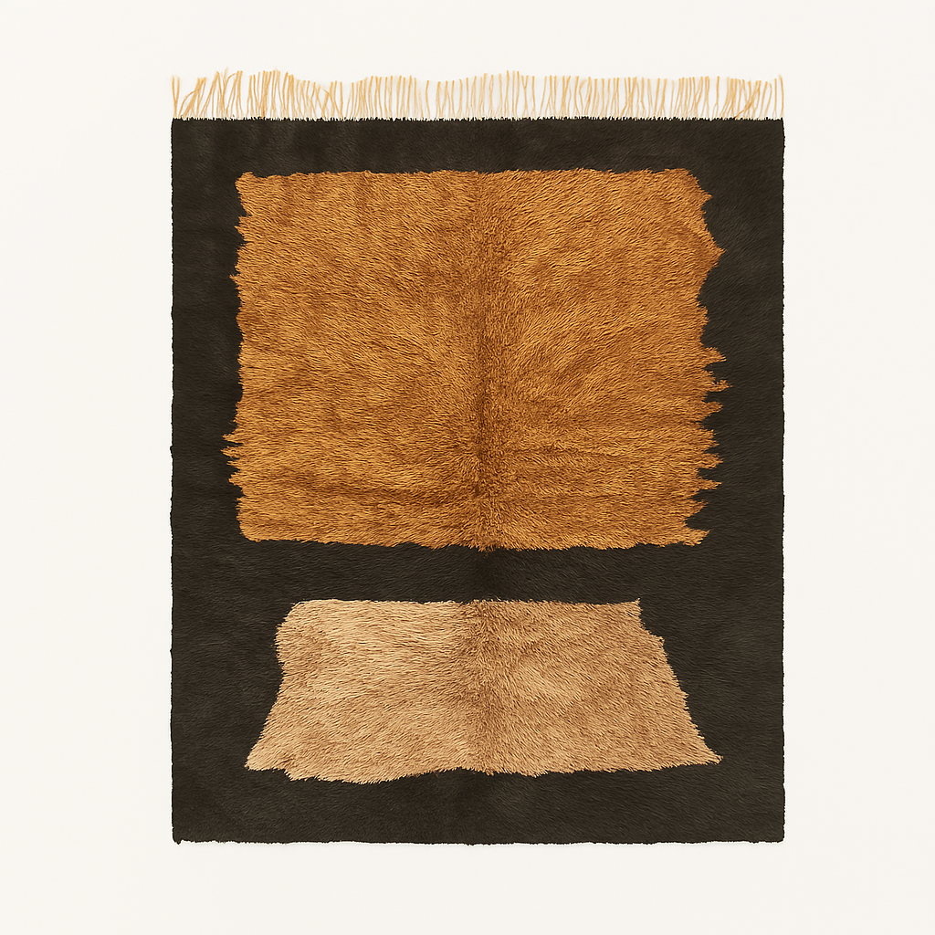 Custom handmade Beni Mrirt Moroccan rug with ochre and tan blocks on chocolate brown, luxury wool, traditional craftsmanship.