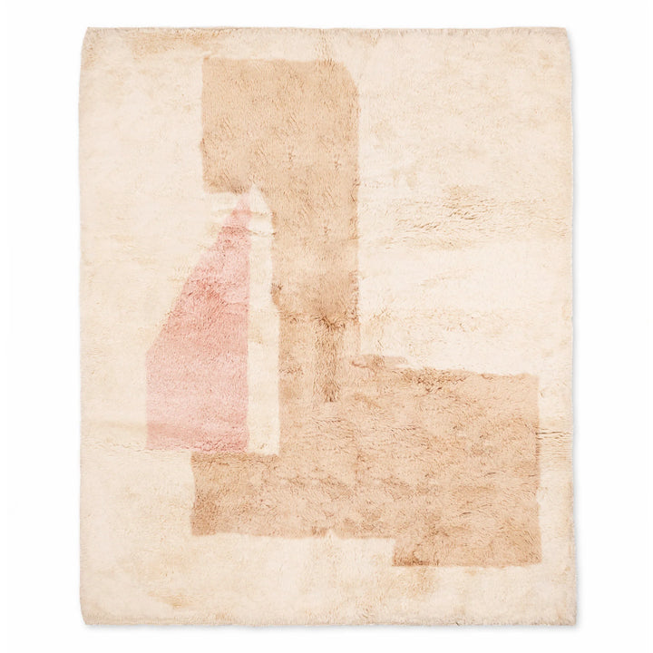 Abstract handmade Moroccan Berber rug in beige and pink, crafted from wool, ideal for modern interiors. Perfect as a Moroccan area rug.