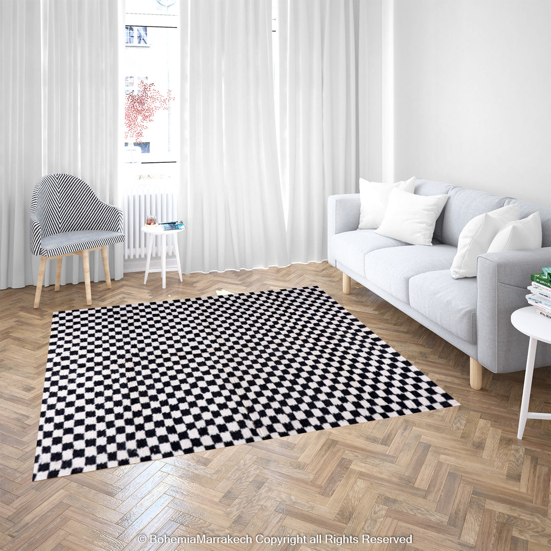 Black and White Checkered Moroccan Rug in modern living room, handcrafted from natural wool, enhances minimalist and contemporary decor.