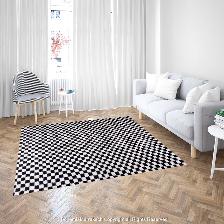Black and White Checkered Moroccan Rug in modern living room, handcrafted from natural wool, enhances minimalist and contemporary decor.
