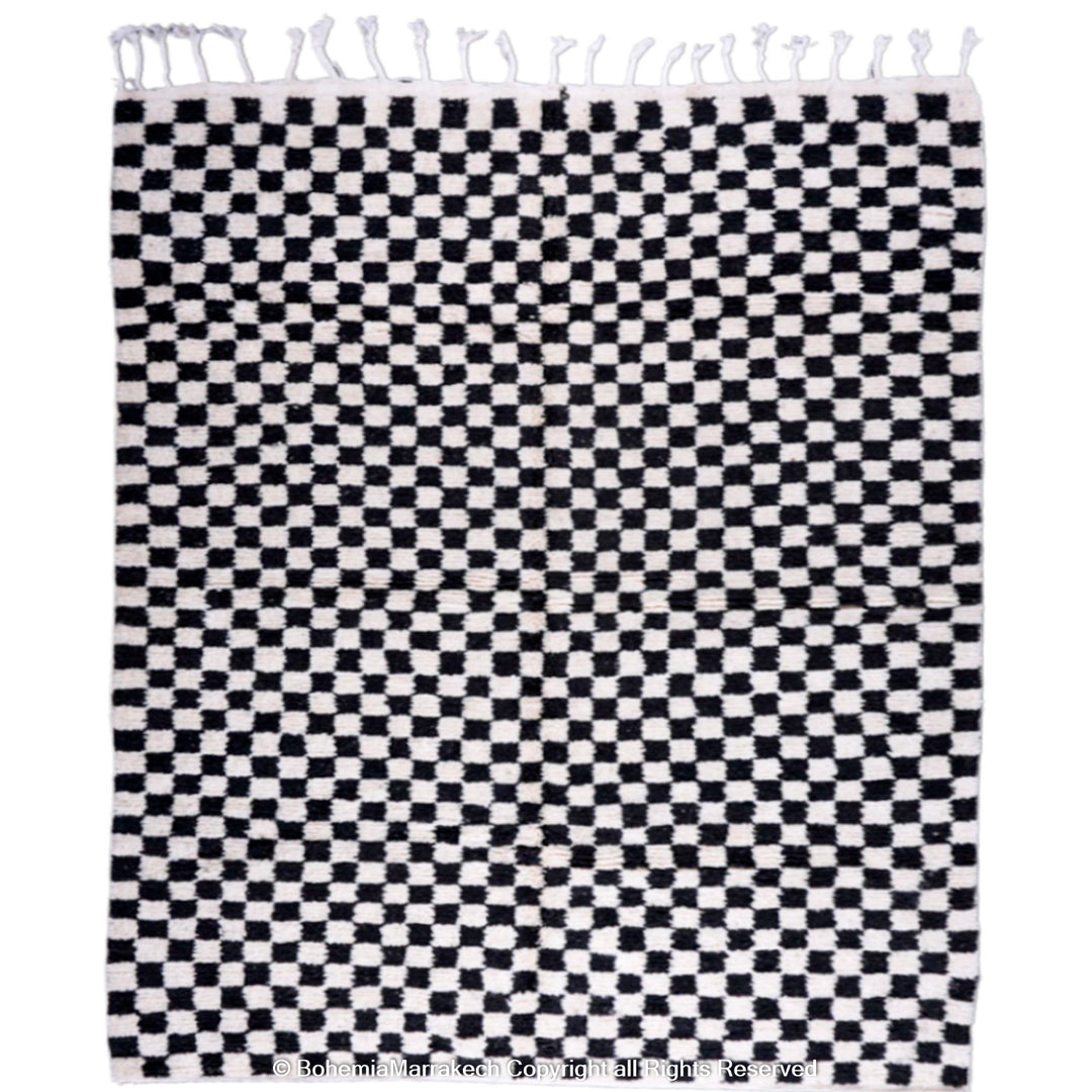 Black and White Checkered Moroccan Rug - Beni Ourain, handcrafted wool rug, modern Berber design, area rug from Morocco.
