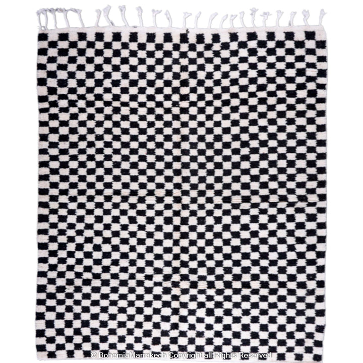 Black and White Checkered Moroccan Rug - Beni Ourain, handcrafted wool rug, modern Berber design, area rug from Morocco.