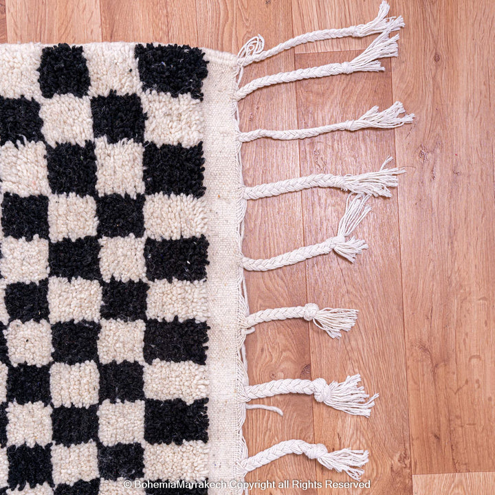 Black and White Checkered Moroccan Berber Rug with Fringe, 100% Wool, Perfect for Minimalist Interiors