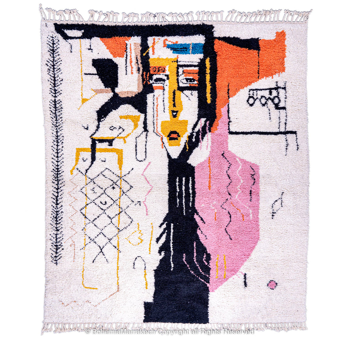 Abstract Face Moroccan Rug with hand-drawn motifs in pink, yellow, orange, black on natural wool background. Handmade art carpet.