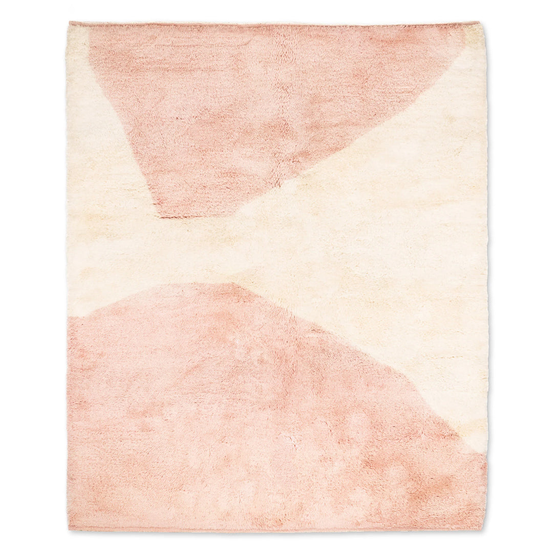 Custom blush pink and cream Moroccan wool rug, handwoven, featuring an abstract design. Ideal for contemporary and bohemian interiors.