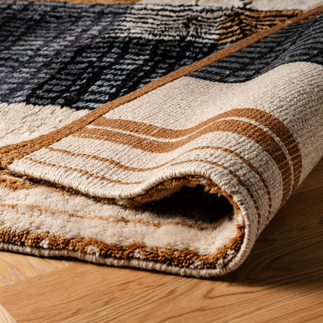 Close-up of a custom Moroccan rug with modern geometric patterns, handwoven wool texture, perfect for contemporary interiors.
