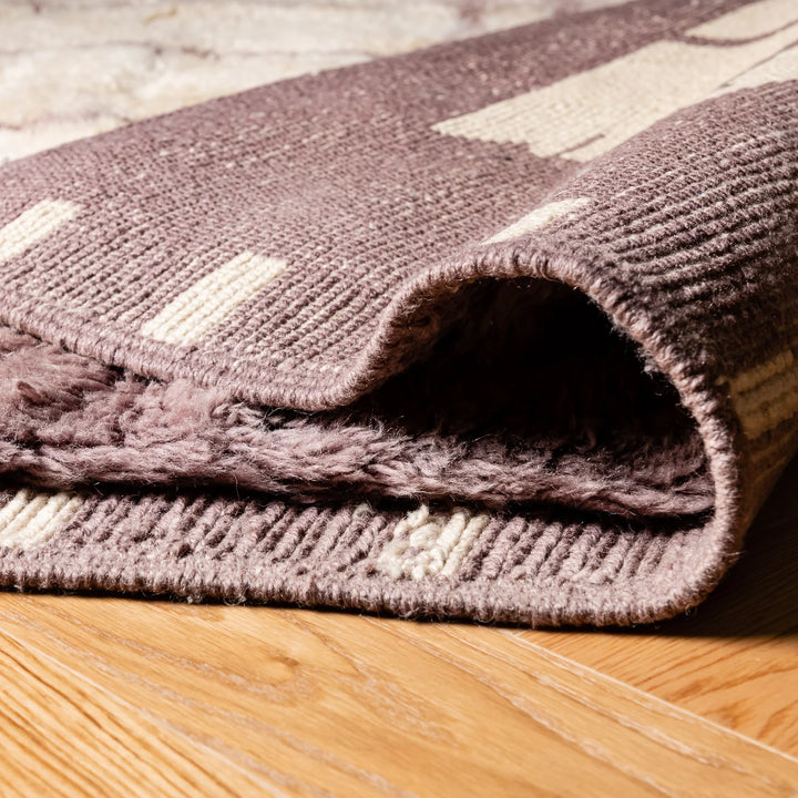 Custom Moroccan rug with lilac border and grid pattern, 100% wool, Berber style, perfect for modern living spaces.