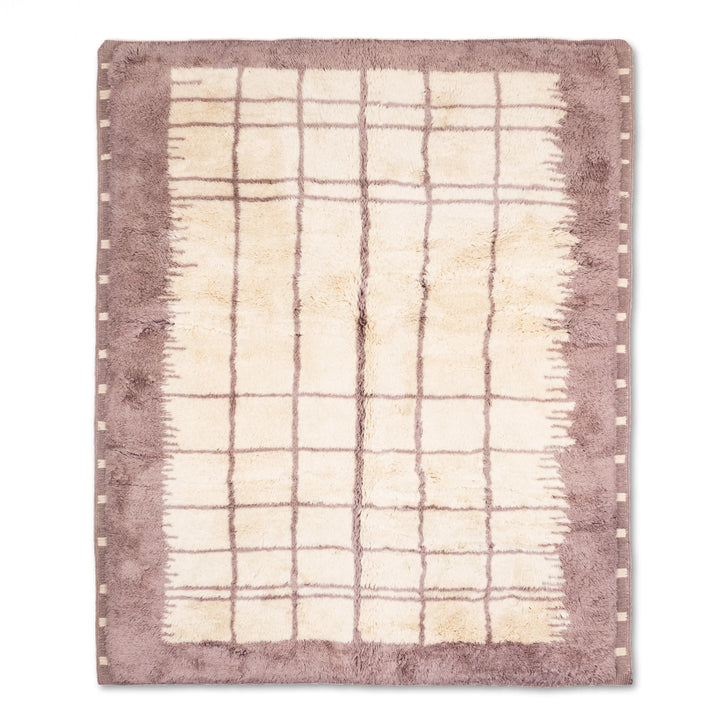 Custom Moroccan berber rug with lilac border and grid pattern, made from 100% wool. Ideal for adding a modern touch to any space.