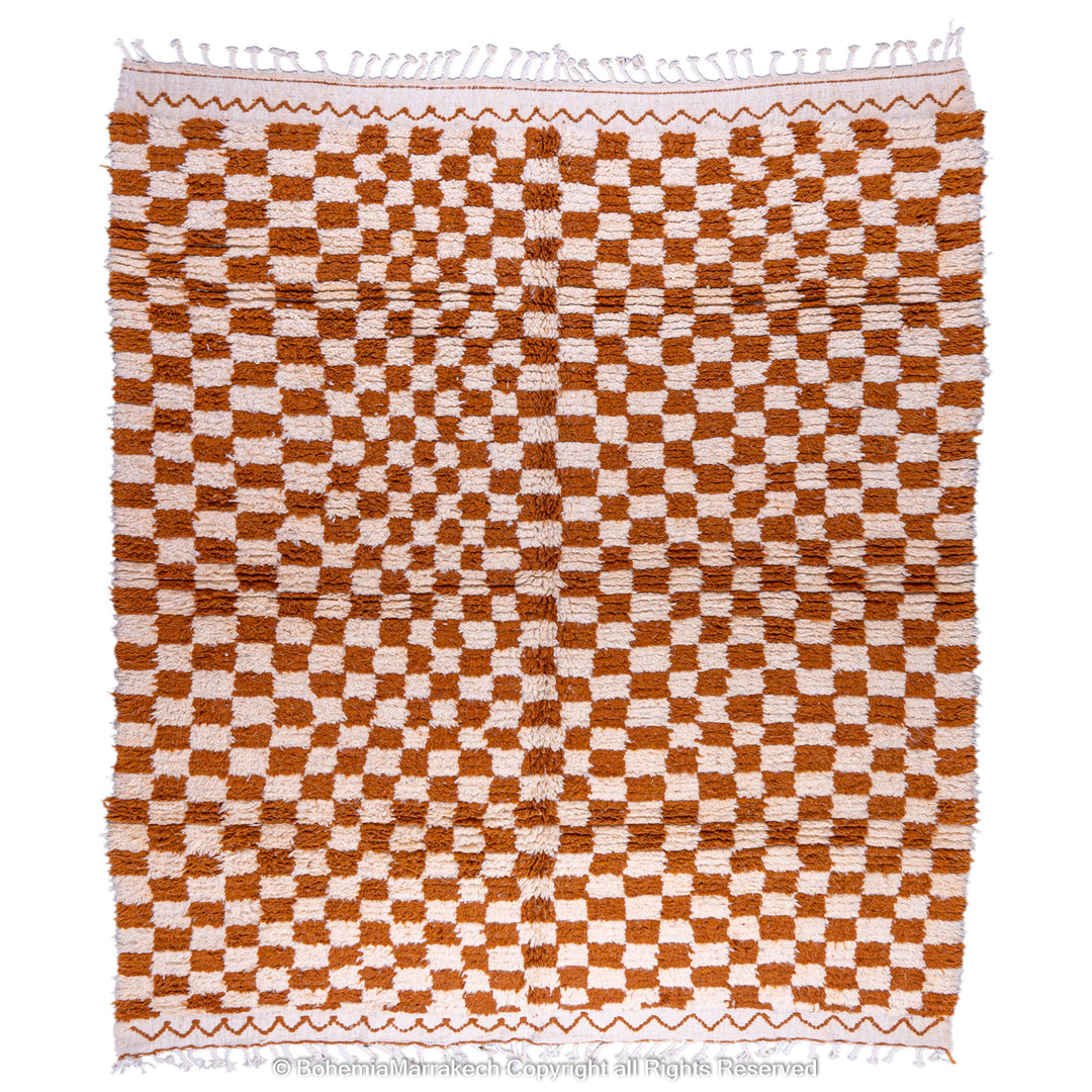 Yellow white checkered Moroccan wool rug, handcrafted Berber design, 8x10, vibrant area decor, traditional carpet for modern interiors.