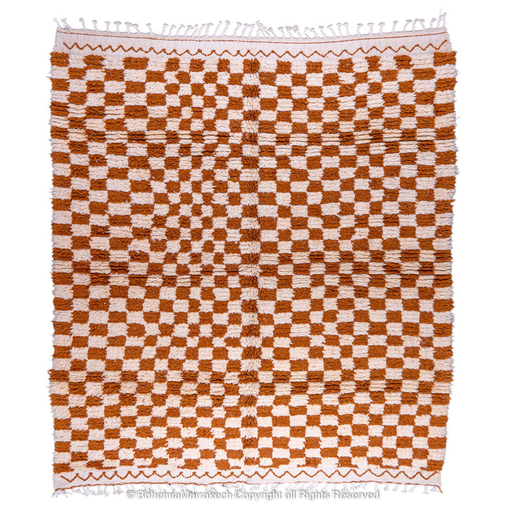 Yellow white checkered Moroccan wool rug, handcrafted Berber design, 8x10, vibrant area decor, traditional carpet for modern interiors.