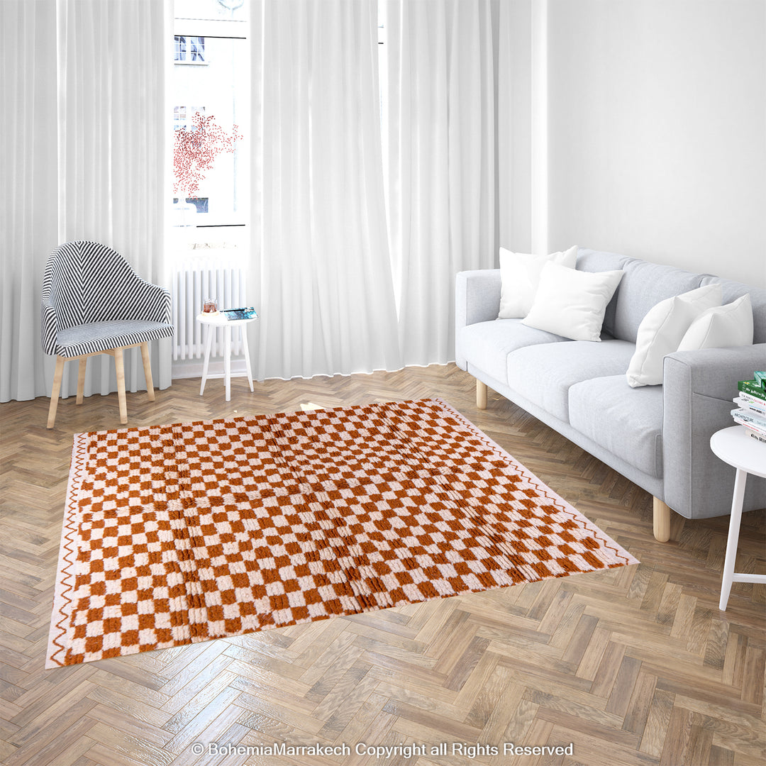 Handmade yellow white checkered Moroccan rug in modern living room, traditional Berber design, wool rug from Morocco