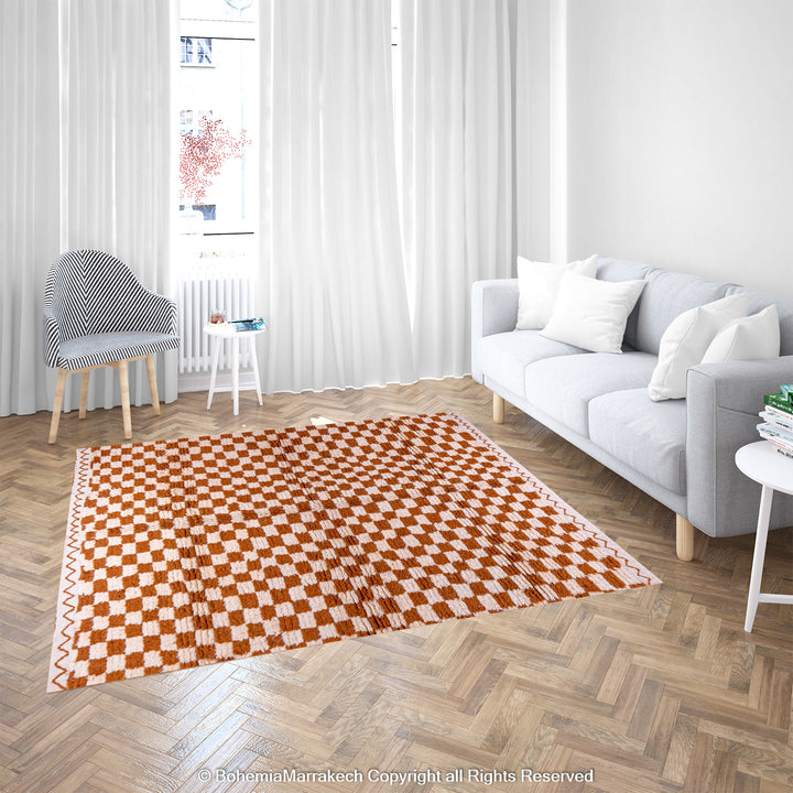 Handmade yellow white checkered Moroccan rug in modern living room, traditional Berber design, wool rug from Morocco